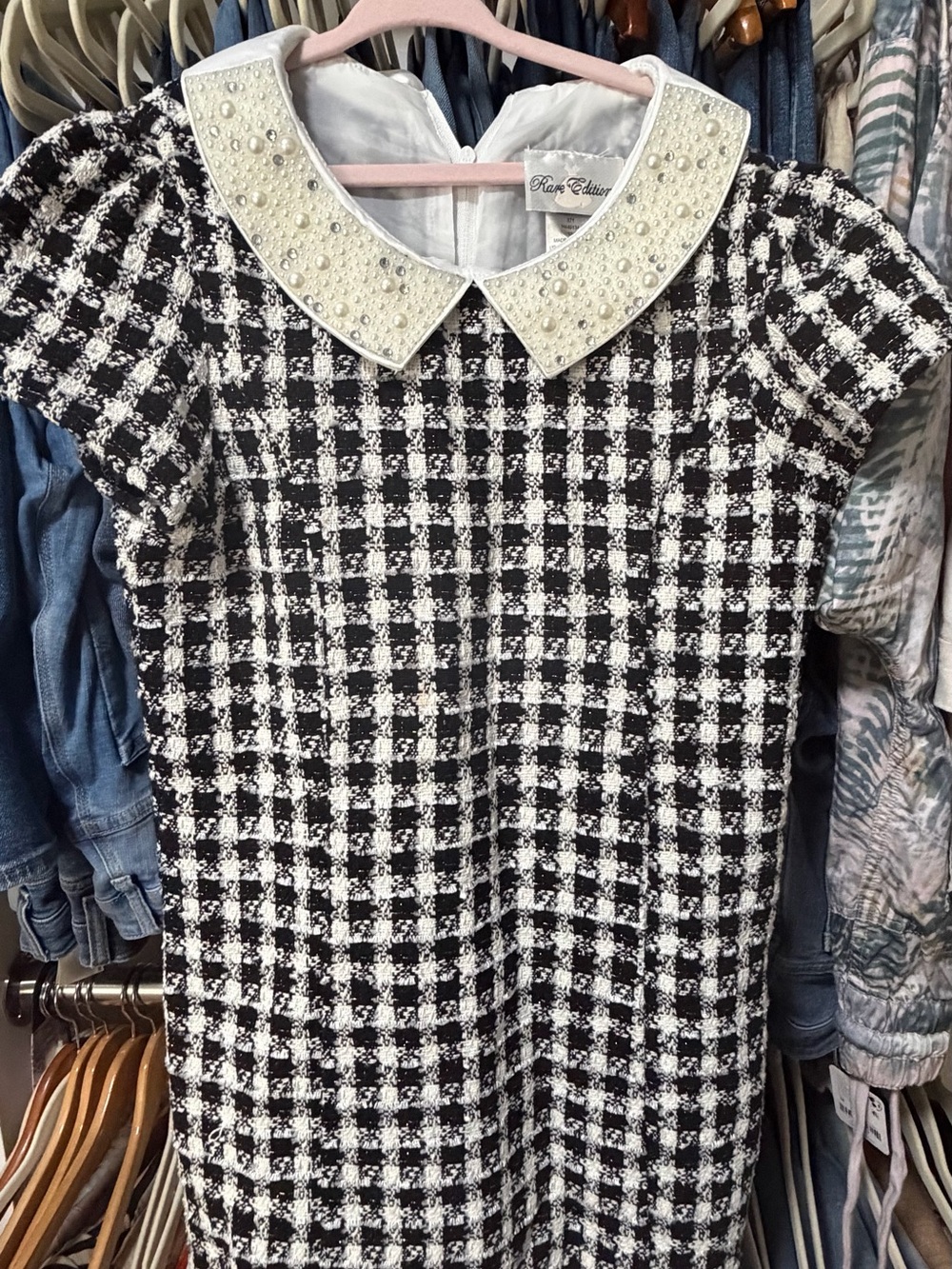 Rare Editions Black and White Tweed Dress with Pearl Collar